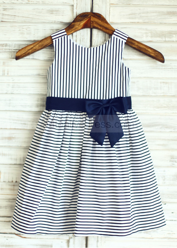 Cotton Ivory  Blue Stripes/Navy Bow Flower Girl Dress 